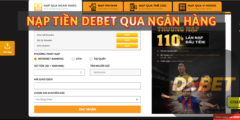 Hướng dẫn nạp tiền Debet an toàn và nhanh chóng 1 Nạp tiền Debet qua ngân hàng